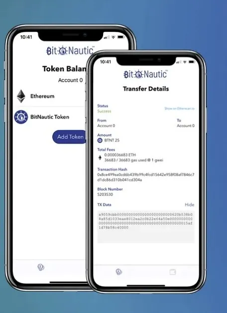 The BitNautic mobile wallet: token balance and a BTNT transfer