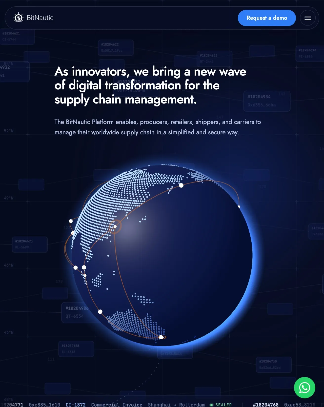 The BitNautic home page: the headline above a globe with shipping lanes
