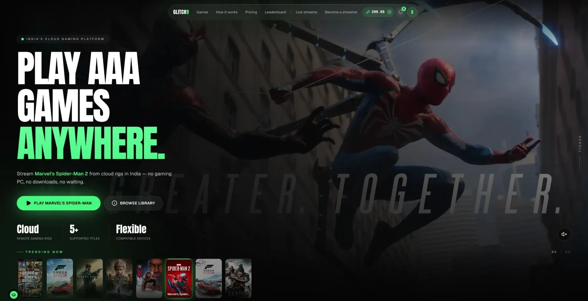 Glitch9 home page: Play AAA games anywhere