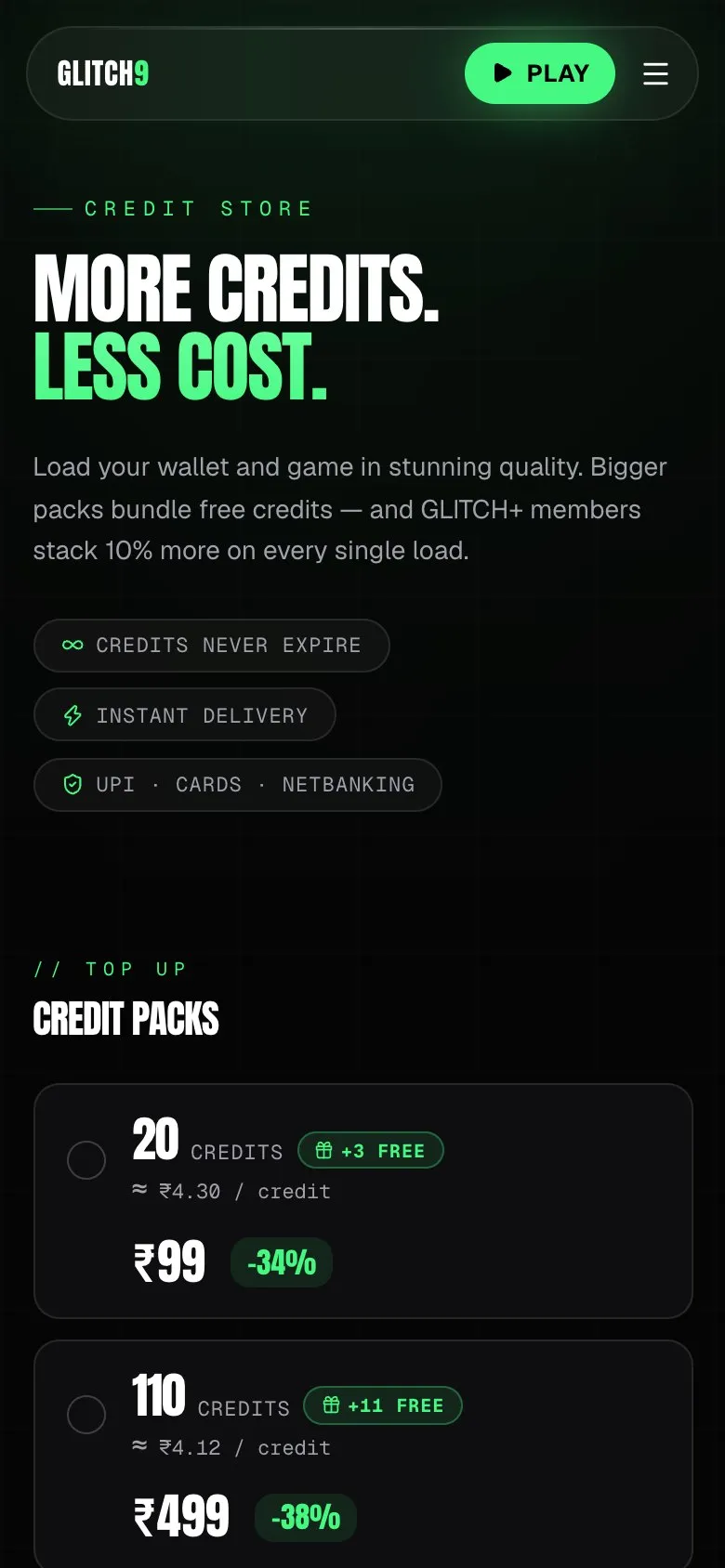 Glitch9 credit store on a phone