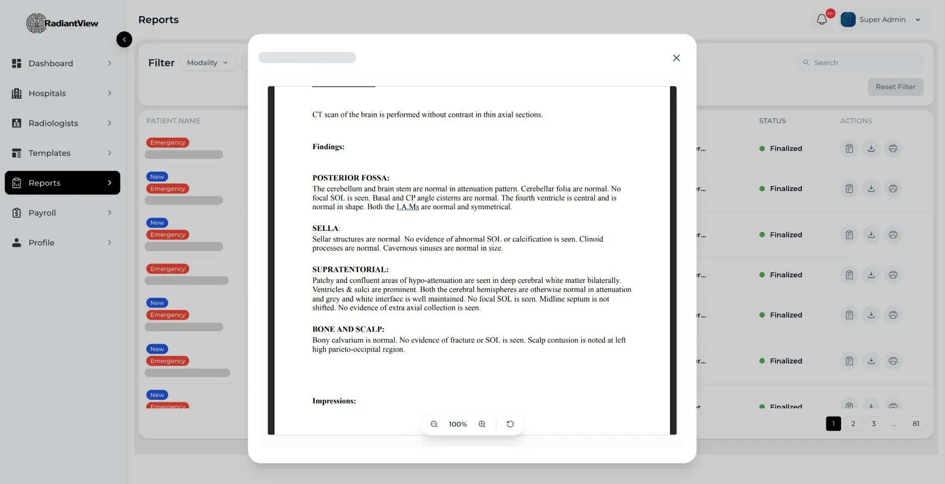 A finalized CT report open in RadiantView, patient names hidden